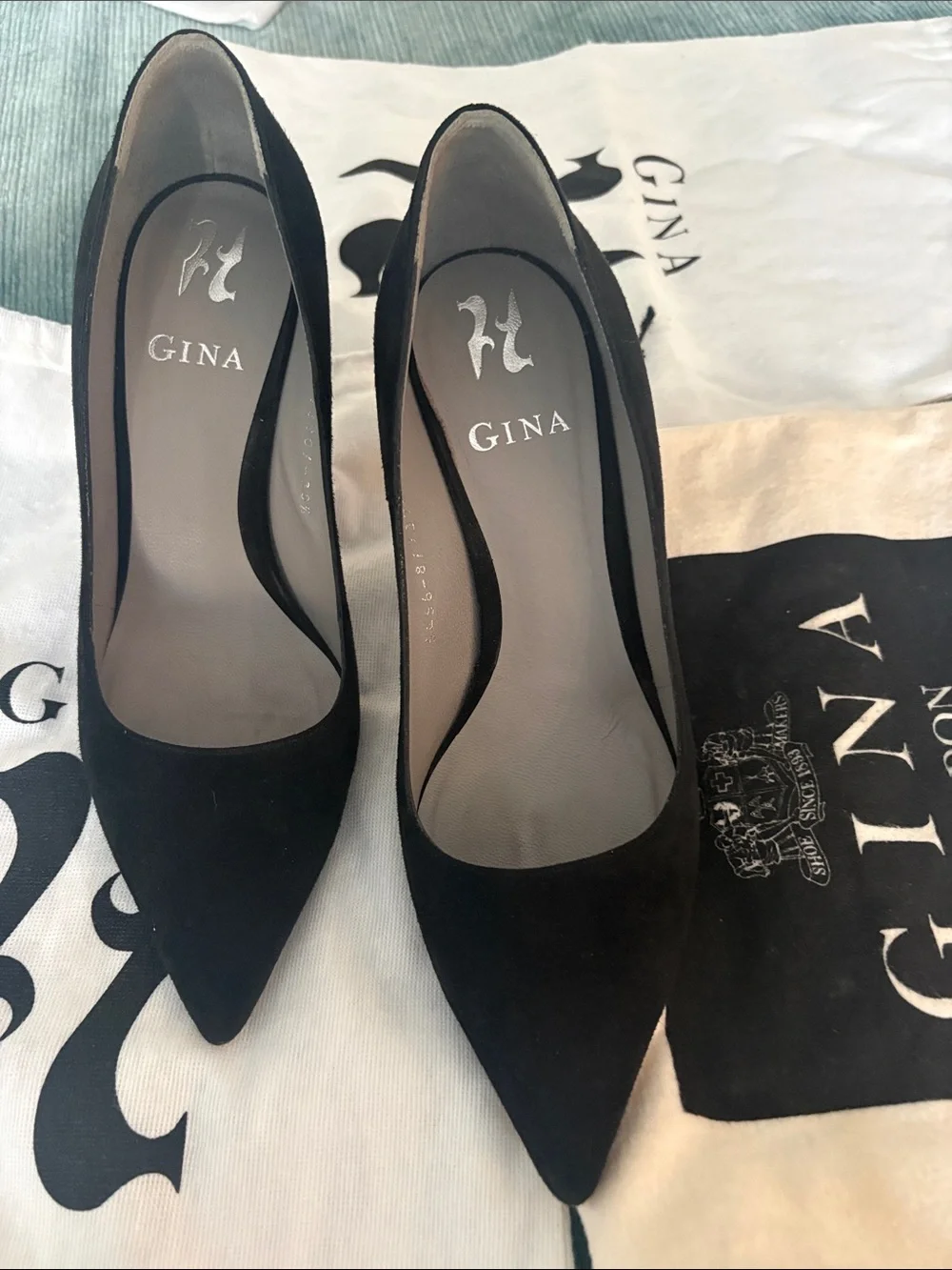 Gina London Black Suede Pointed-Toe Pumps with Slim Heel